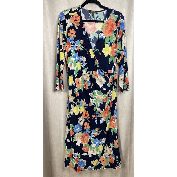 Lauren Ralph Lauren Floral Sheath Dress Midi V Neck Ruched Waist Women’s Sz XL - Picture 1 of 5
